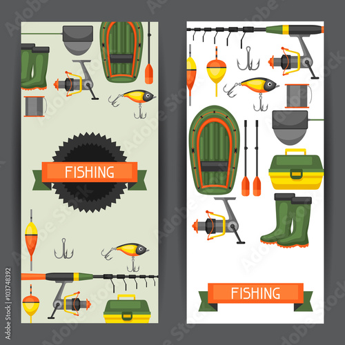 Background with fishing supplies. Design for flayers, covers, brochures and advertising booklets