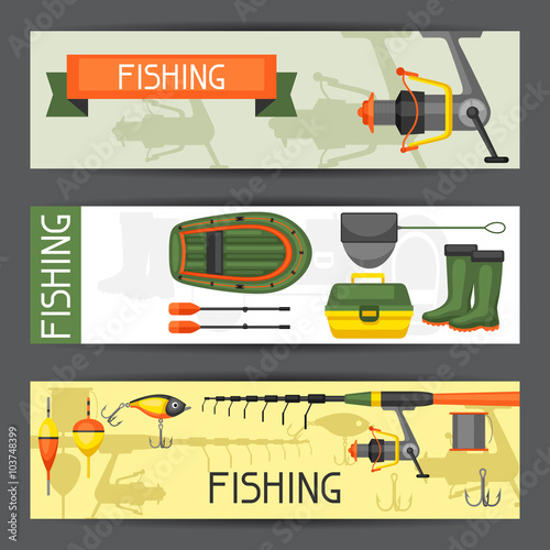 Background with fishing supplies. Design for flayers, covers, brochures and advertising booklets