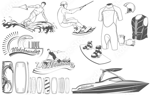 Set of emblems, logos, silhouettes and logotipoa wakeboard for w