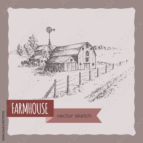 American farm house, barn and pasture vector sketch. 