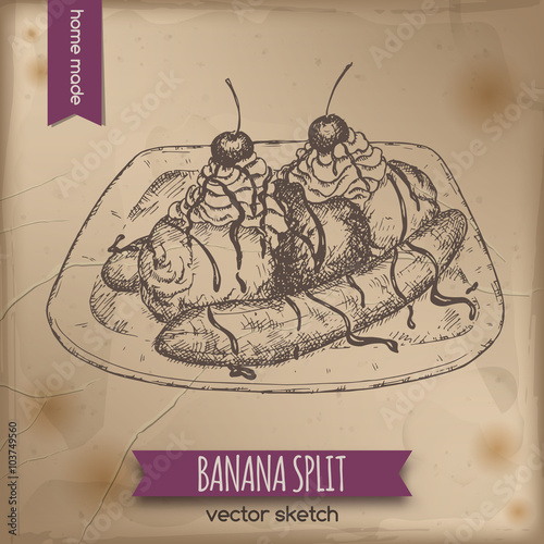 Vintage banana split dessert sketch on old paper background. 