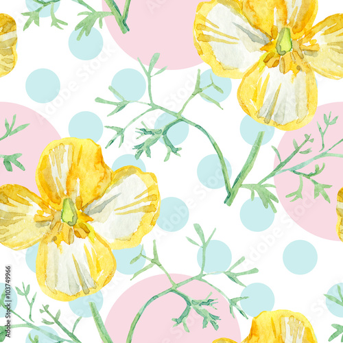 Yellow escholzia flower on the polka dots background. Watercolor seamless pattern with summer flower. Delicate pastel colors.
 photo