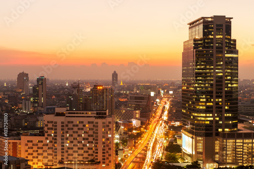 Bangkok sky line at sunset, Bangkok, Thailand.