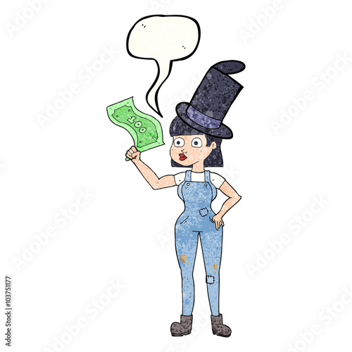 speech bubble textured cartoon woman holding on to money