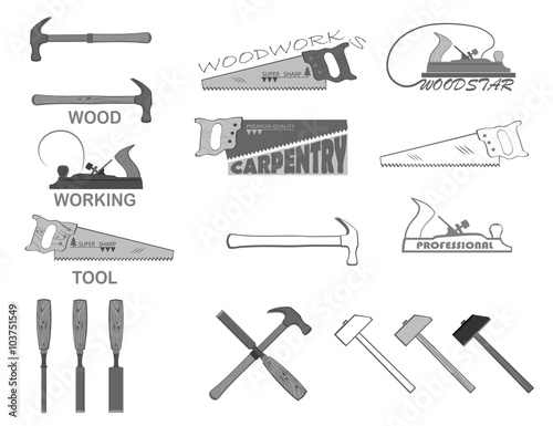 set of tools for working with wood. have a hammer, planer, circular saw 