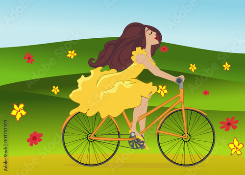 Beautiful young girl riding a bike on flowering spring field . Vector illustration.