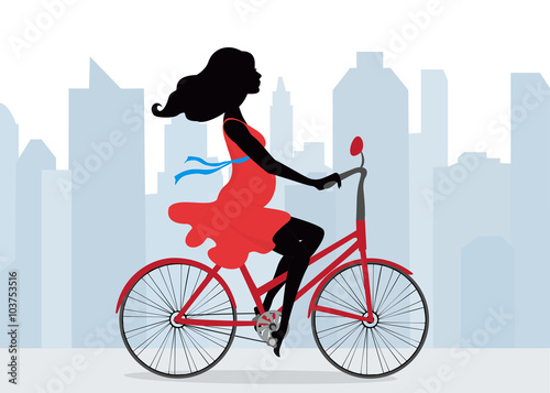 A pregnant woman rides a Bicycle on the background of the city. Illustration in vector format . Horizontal.
