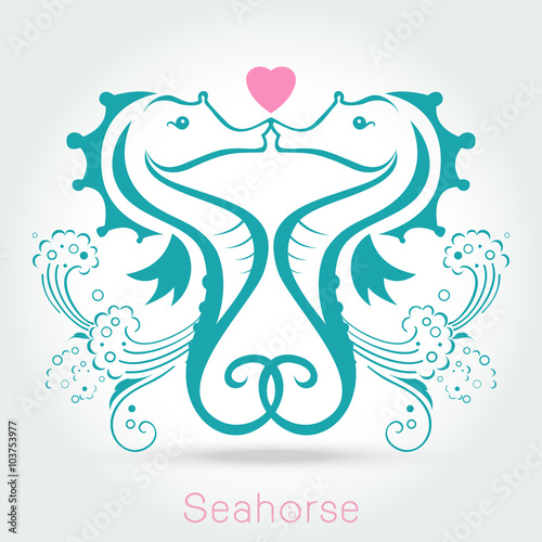 seahorse couple kissing and make a love sign on white background Vector illustration