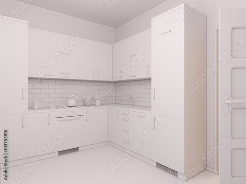 3D render of interior design kitchen in a studio apartment in a modern minimalist style. The illustration shows a corner kitchen in red and wooden color fasades
