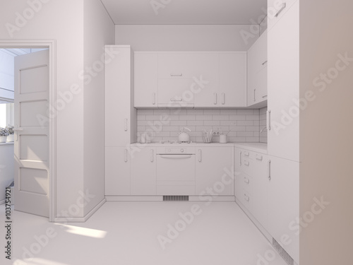 3D render of interior design kitchen in a studio apartment in a modern minimalist style. The illustration shows a corner kitchen in red and wooden color fasades 