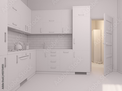 3D render of interior design kitchen in a studio apartment in a modern minimalist style. The illustration shows a corner kitchen in red and wooden color fasades with open door into room