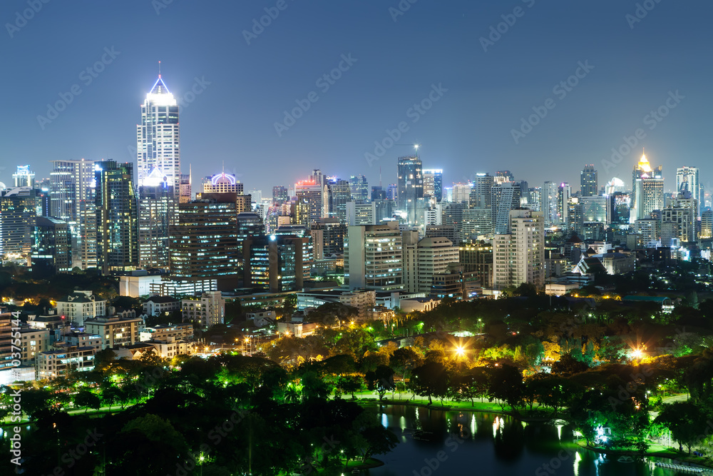 Cityscape of Business district with high building with park. (Ba