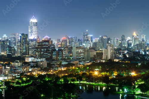 Cityscape of Business district with high building with park.  Ba