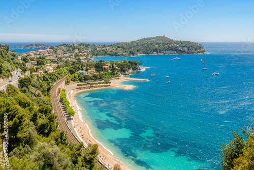 View of luxury resort Villefranche-sur-Mer and bay on French Riviera at Mediterranean Sea. Cote d'Azur. France.