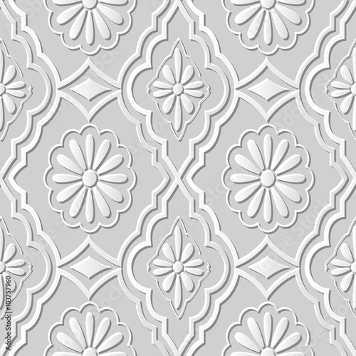 Vector damask seamless 3D paper art pattern background 127 Daisy Round Flower  