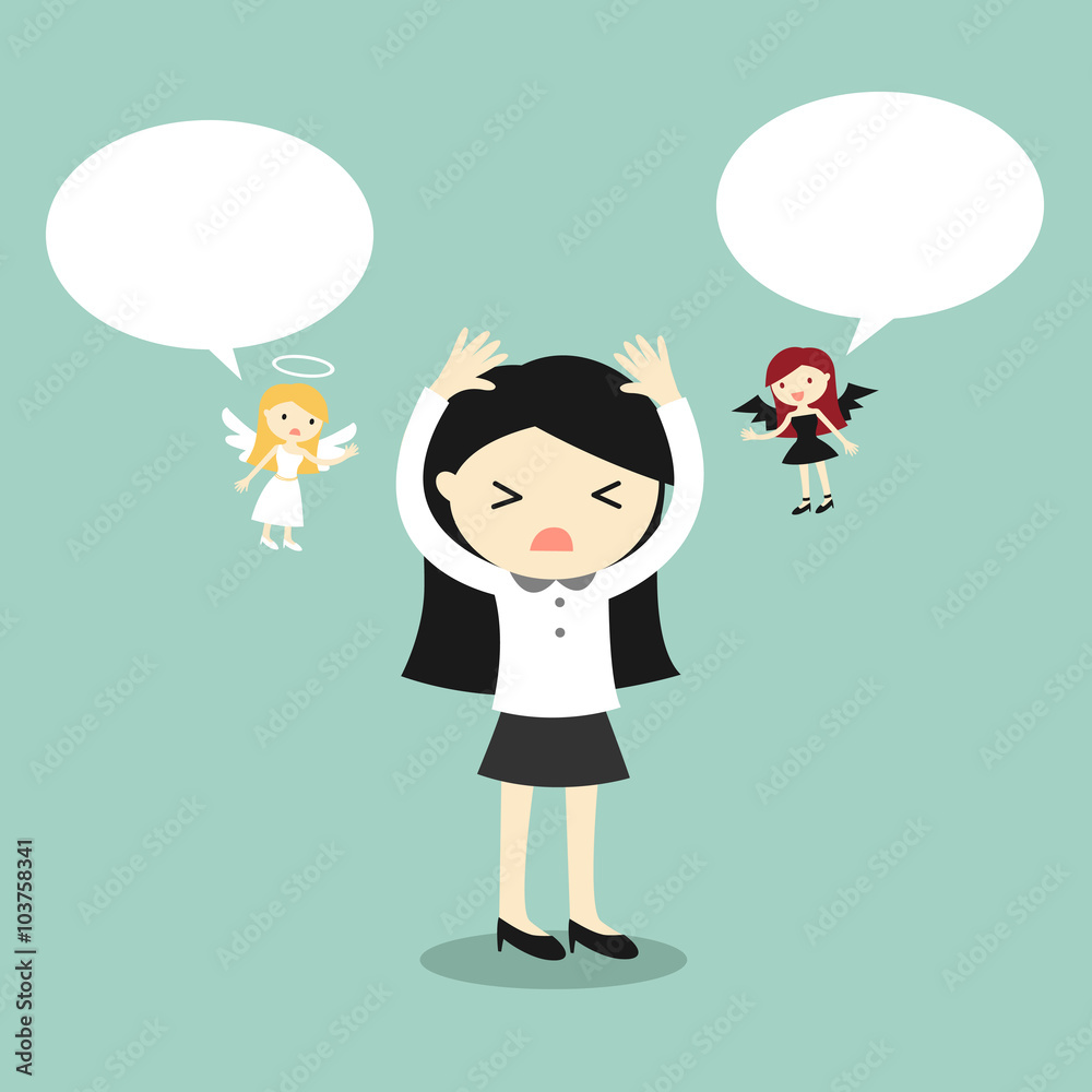 Business concept, Business woman with angel and devil and bubble speech. Vector illustration. Business concept, Business woman with angel and devil and bubble speech. Vector illustration.