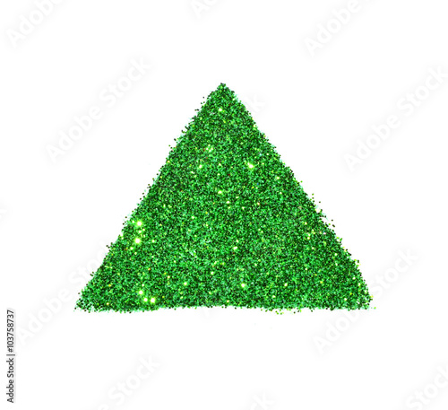 Abstract triangle or pyramid of green glitter sparkle on white background
