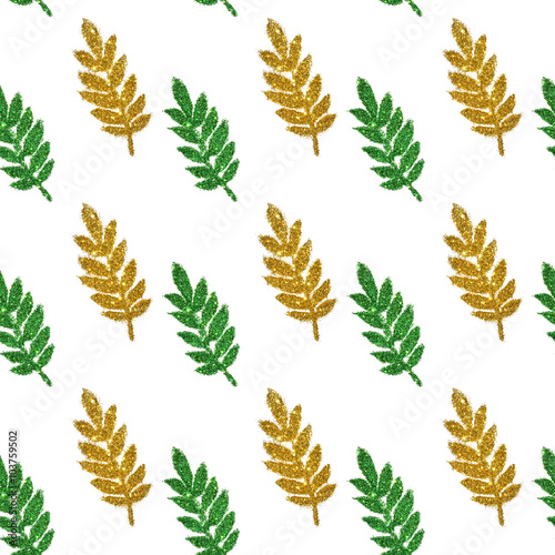 Leaves of green and golden glitter on white background, seamless pattern