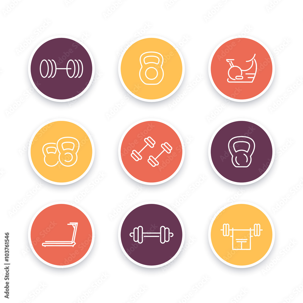 Gym equipment line icons, fitness equipment, training, fitness symbols, gym equipment pictograms, fitness round icons set, vector Gym equipment line icons, fitness equipment, training, fitness symbols, gym equipment pictograms, fitness round icons set, vector