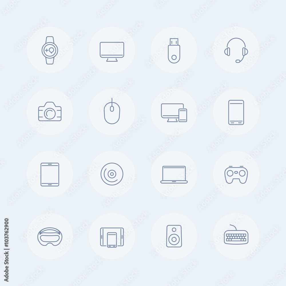 Modern gadgets thin line icons, vr devices, wearable gadget, electronics, vr glasses, gadgets icons, symbols, vector illustration