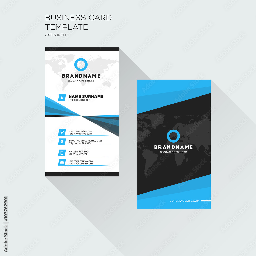 Vertical Business Card Print Template. Personal Visiting Card with company Logo. Black and Blue Colors. Clean Flat Design. Vector Illustration