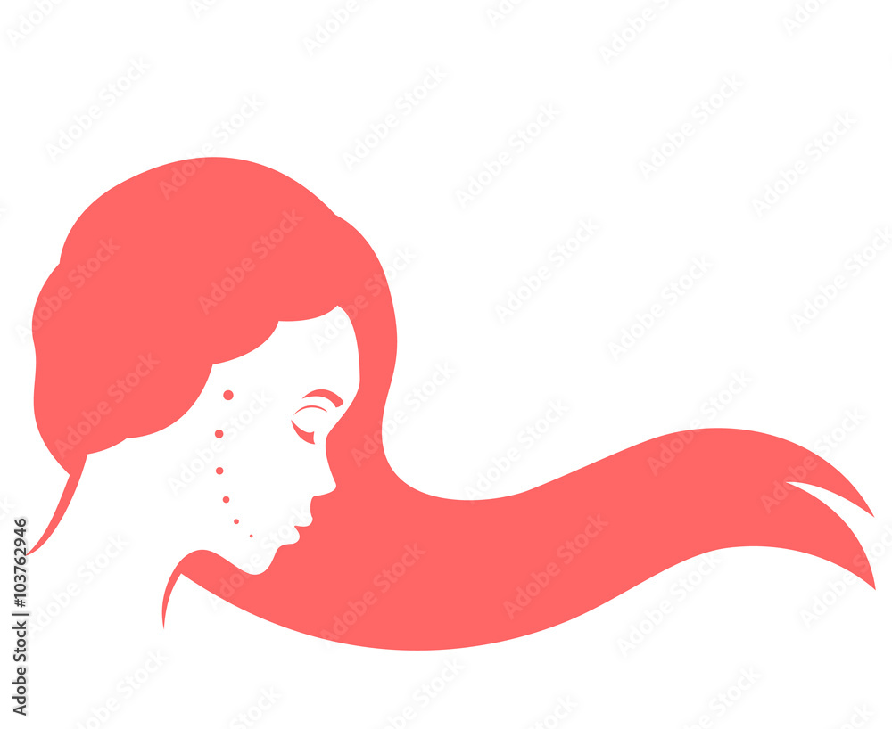 Mysterious long haired girl in profile, beautiful girl, side view on white, red haired woman, vector illustration