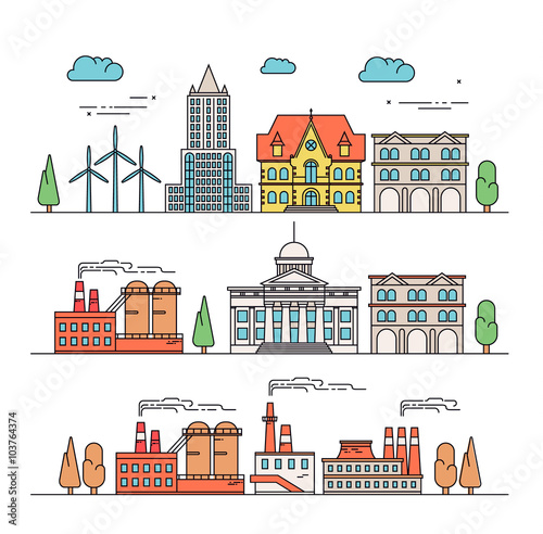 Different types of industrial construction - illustration in linear style - buildings and factories - graphic design template.