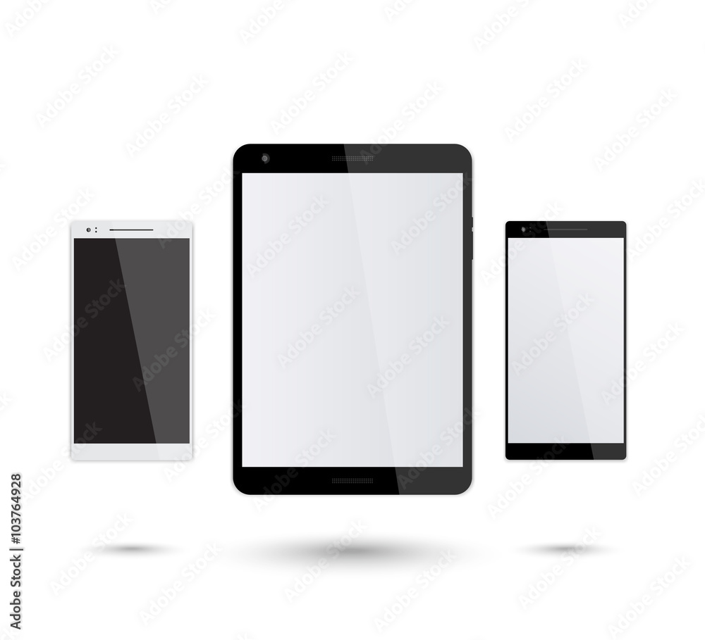 tablet and smartphones vector mockup on white, silver and black smartphone, modern black tablet, vector illustration tablet and smartphones vector mockup on white, silver and black smartphone, modern black tablet, vector illustration