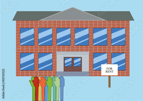 Building for rent / The building with the sign "for rent" and hands wanting to rent premises in this building