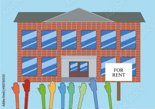Building for rent / The building with the sign "for rent" and hands wanting to rent premises in this building