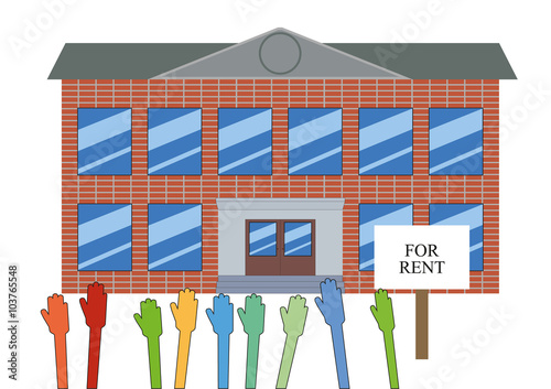 Building for rent / The building with the sign "for rent" and hands wanting to rent premises in this building