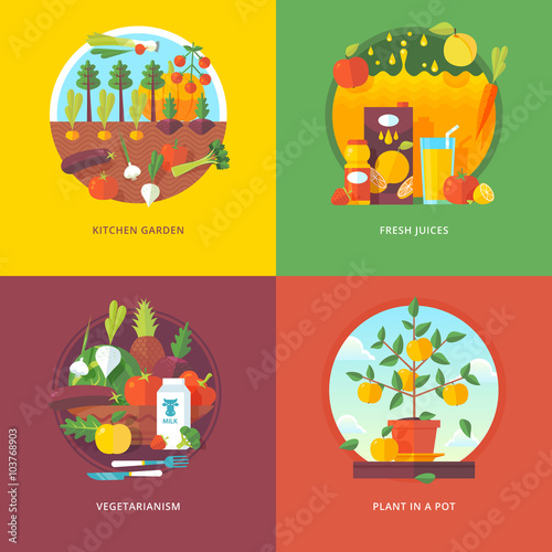 Set of flat design illustration concepts for kitchen garden, fresh juices, vegetarianism and plant in a pot. Fruit and vegetables horticulture. Concepts for web banner and promotional material.