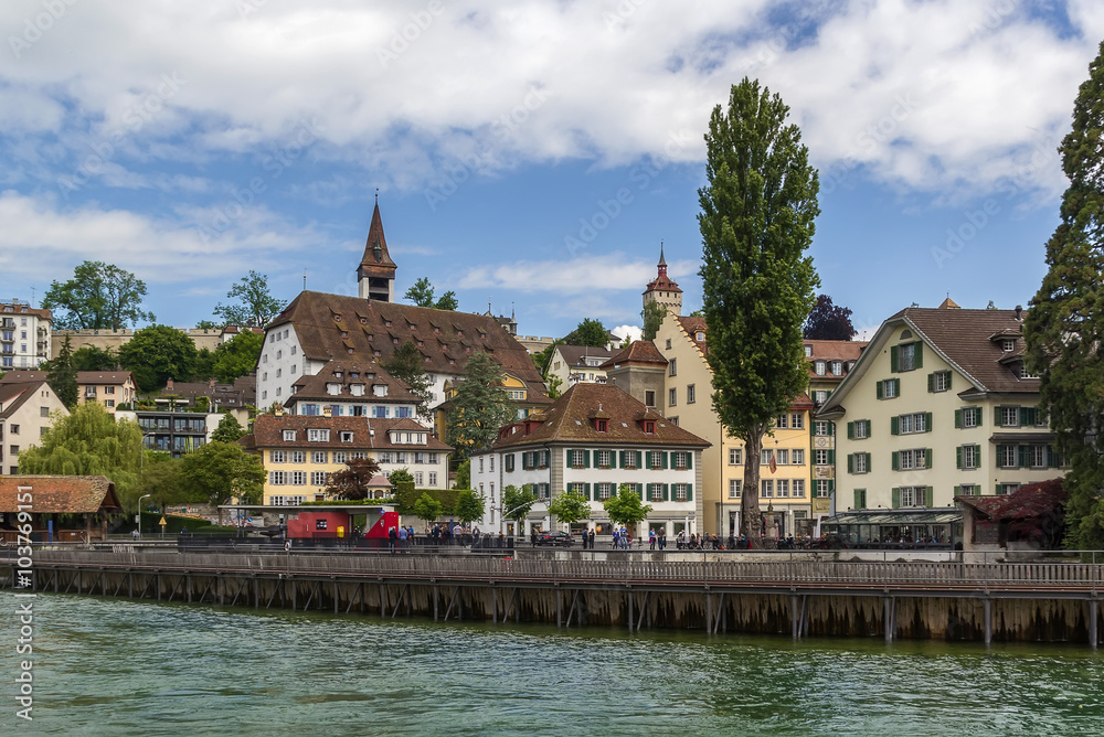 embankment of Reuss river in Lucerne