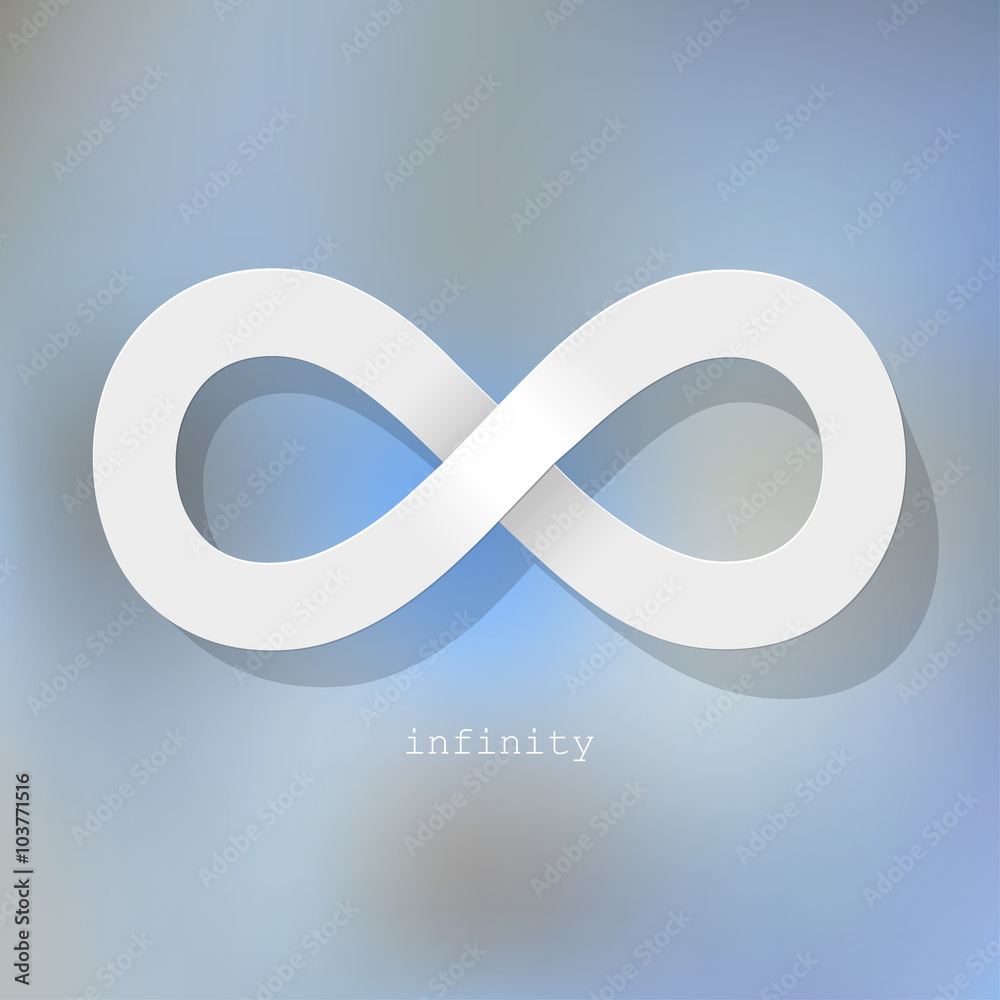 Infinity symbol white on a blue bokeh fog background. Infinity symbol white on a blue bokeh fog background.