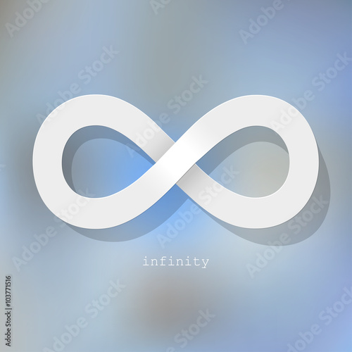 Infinity symbol white on a blue bokeh fog background.