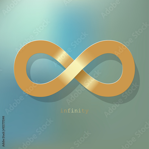 Infinity symbol gold on a blue bokeh fog background.