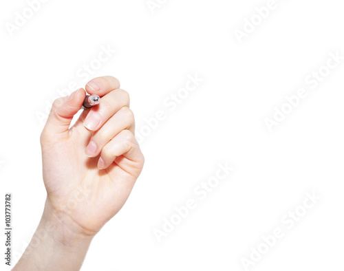 Hand with pen on white background