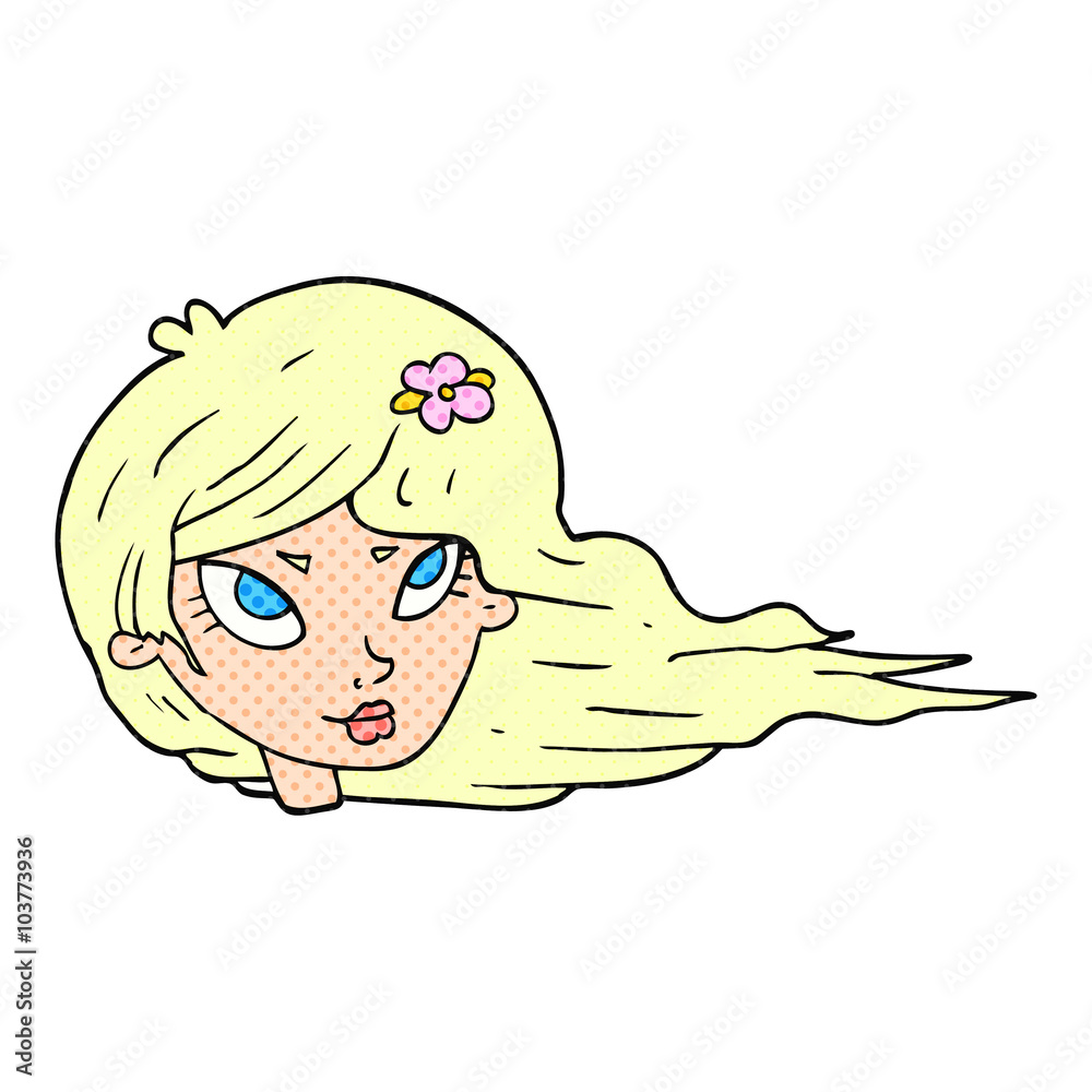 cartoon woman with blowing hair