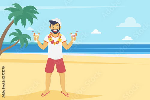 Happy young man enjoying and drinking cocktails on the beach with palm trees. Landscape illustration in flat modern style of summer vacation and traveling 