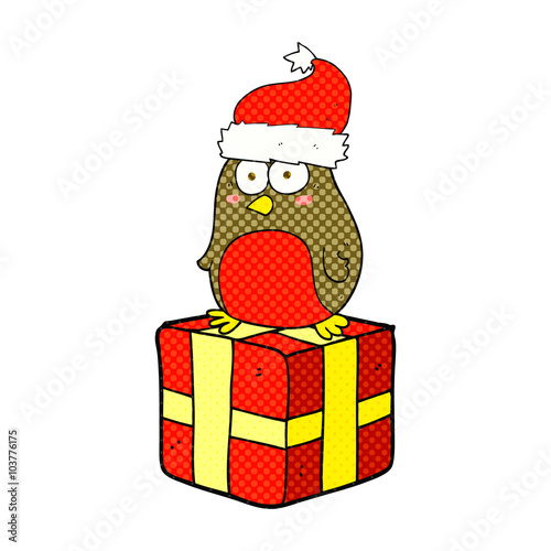 cartoon robin on present