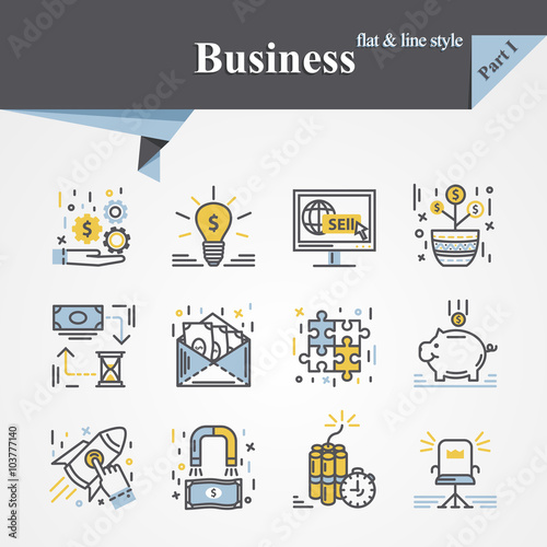 Trendy flat and line Business icons set,internet sell,start up, business idea,savings,cash,be the boss, time is money,increase revenue,strategy, success, process,investment,creative campaigns