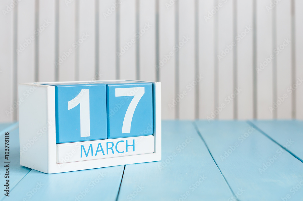 Happy St Patricks Day save the date. March 17th. Image of march 17 wooden color calendar on white background. Spring day, empty space for text Happy St Patricks Day save the date. March 17th. Image of march 17 wooden color calendar on white background. Spring day, empty space for text