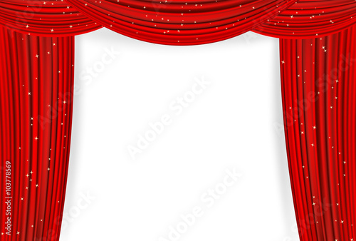 Open red curtains with stars on white background. 