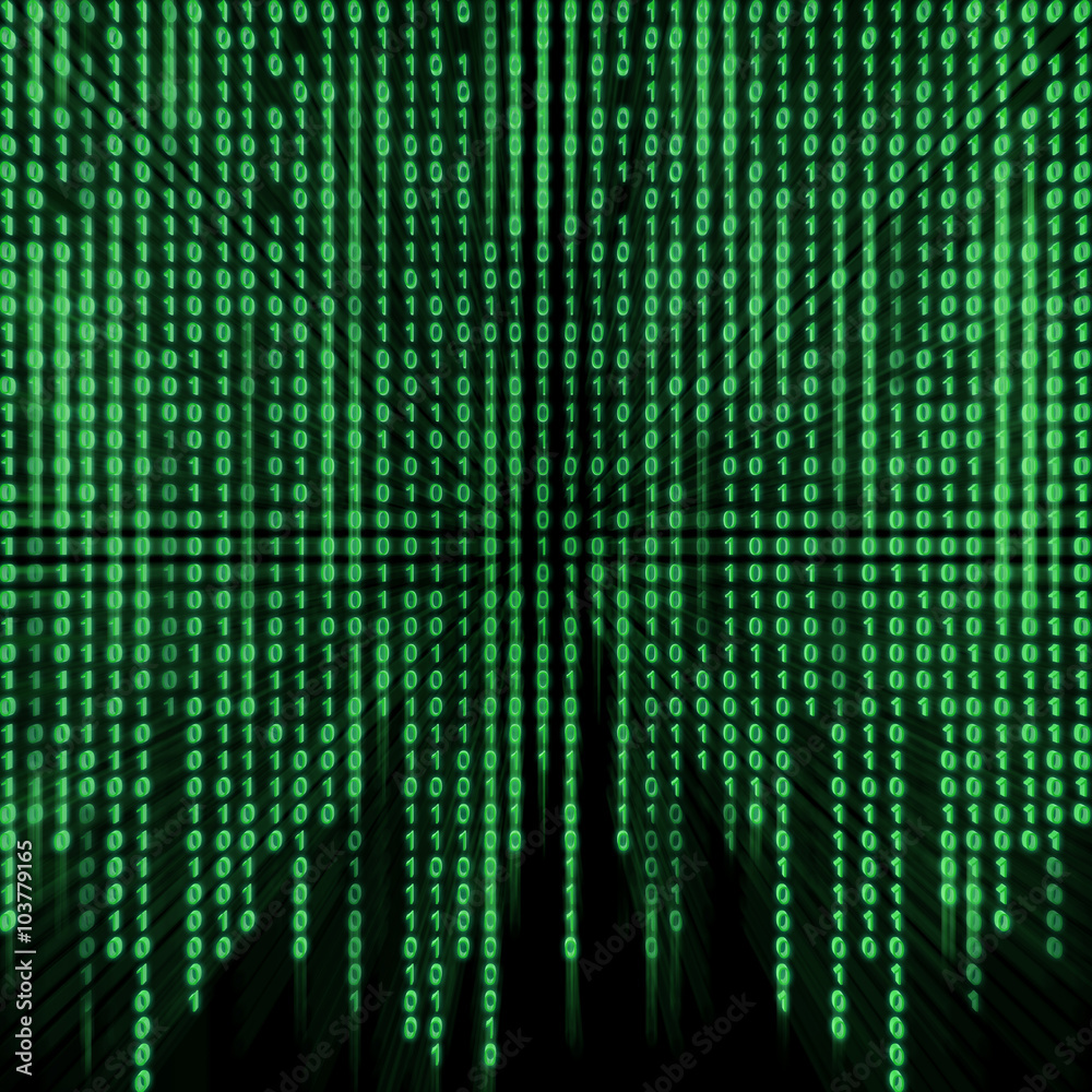 Green binary stream on the screen. Green binary stream on the screen.