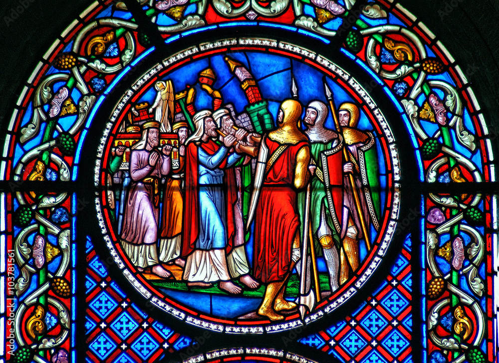 Stained glass window depicting the fall of the walls of Jericho Stained glass window depicting the fall of the walls of Jericho