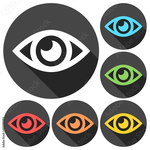 Eye sign icons set with long shadow