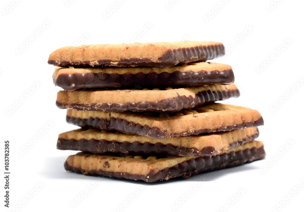 Stack of butter cookies with dark chocolate topping on a white background. Stack of butter cookies with dark chocolate topping on a white background.