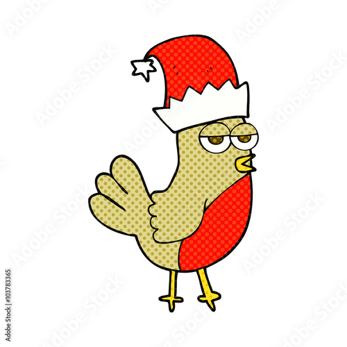 cartoon robin in christmas hat