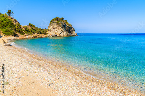 A view of Karlovasi beach with azure sea water, Samos island, Greece