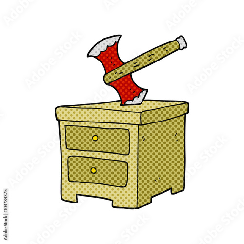cartoon axe buried in chest of drawers